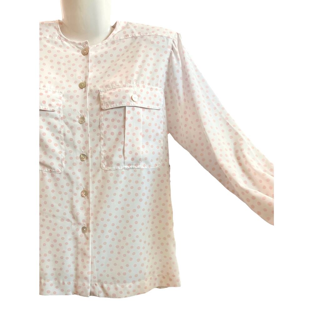 Liz Claiborne Women's Cream/Pink Polka Dots Front Pocket Long Sleeve Blouse SZ 4 - Picture 3 of 13